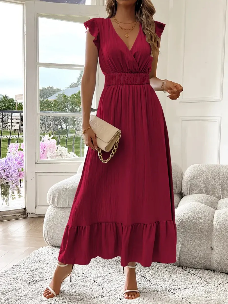 Solid Color Patchwork V-neck Long Dress - Image 8