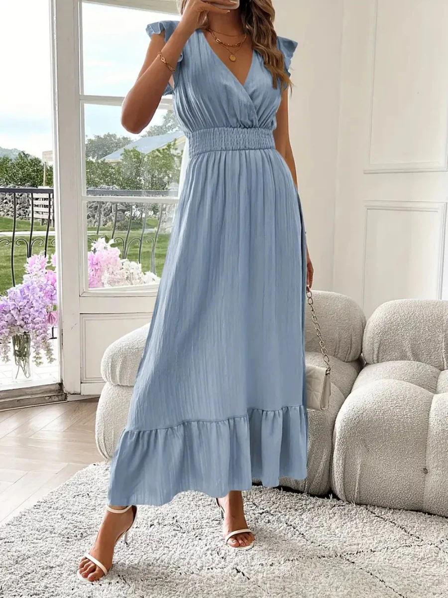 Solid Color Patchwork V-neck Long Dress - Image 9