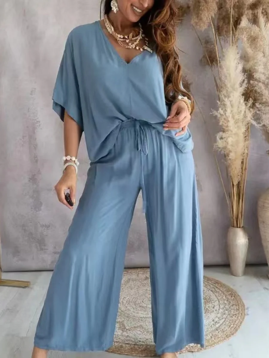 V-neck Batwing Sleeve Casual Loose Wide-leg Pants Two-piece Set - Image 4