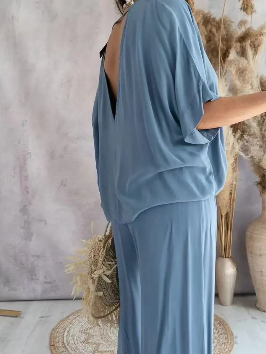 V-neck Batwing Sleeve Casual Loose Wide-leg Pants Two-piece Set - Image 5
