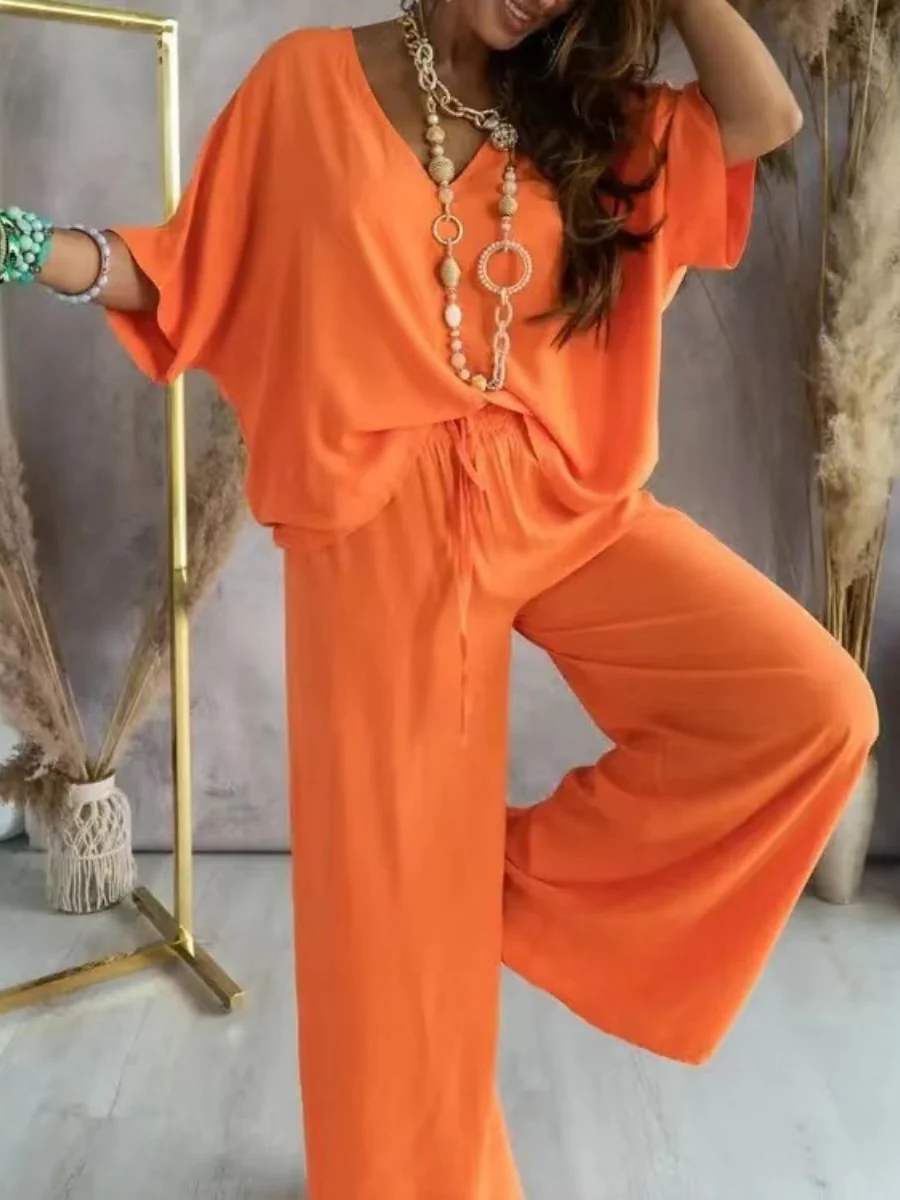 V-neck Batwing Sleeve Casual Loose Wide-leg Pants Two-piece Set - Image 7