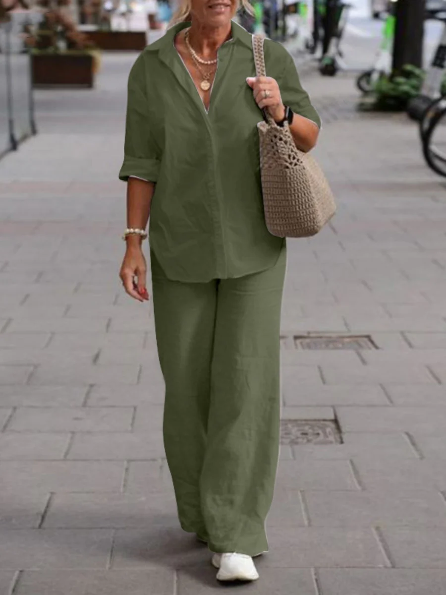 Collared Long-sleeved Shirt And Casual Solid Color Wide-leg Pants Two-piece Set For Spring And Autumn - Image 2