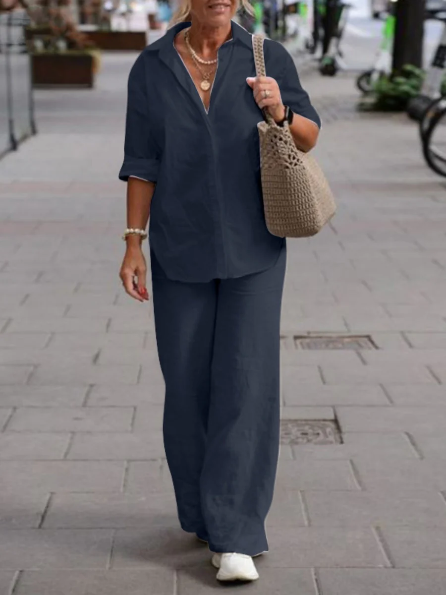 Collared Long-sleeved Shirt And Casual Solid Color Wide-leg Pants Two-piece Set For Spring And Autumn - Image 3