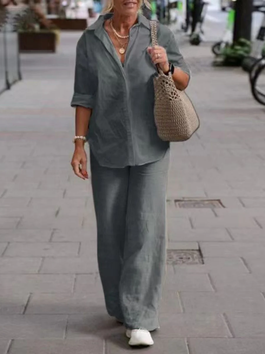 Collared Long-sleeved Shirt And Casual Solid Color Wide-leg Pants Two-piece Set For Spring And Autumn - Image 5