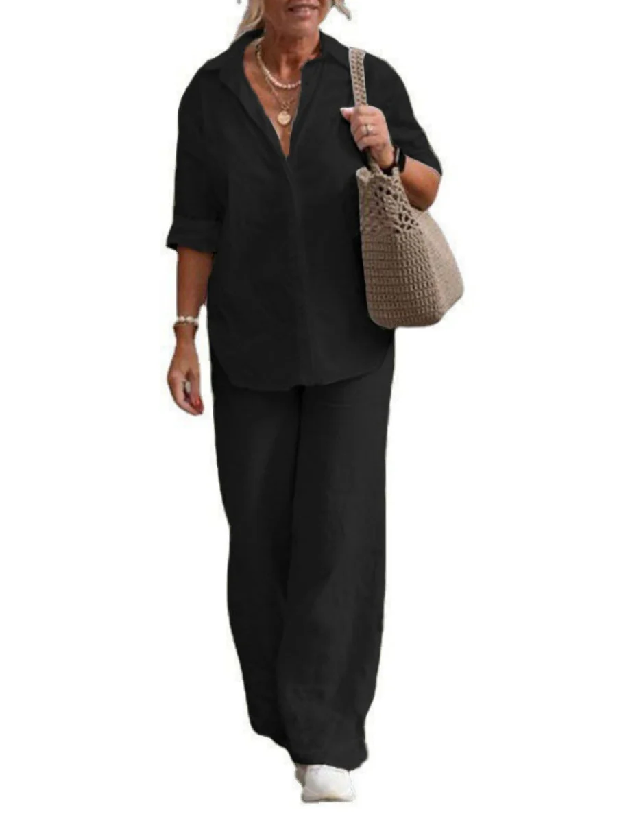 Collared Long-sleeved Shirt And Casual Solid Color Wide-leg Pants Two-piece Set For Spring And Autumn - Image 6