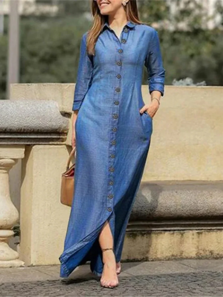 Shirt Collar, Pocket, Wide-hem Denim Maxi Dress - Image 4