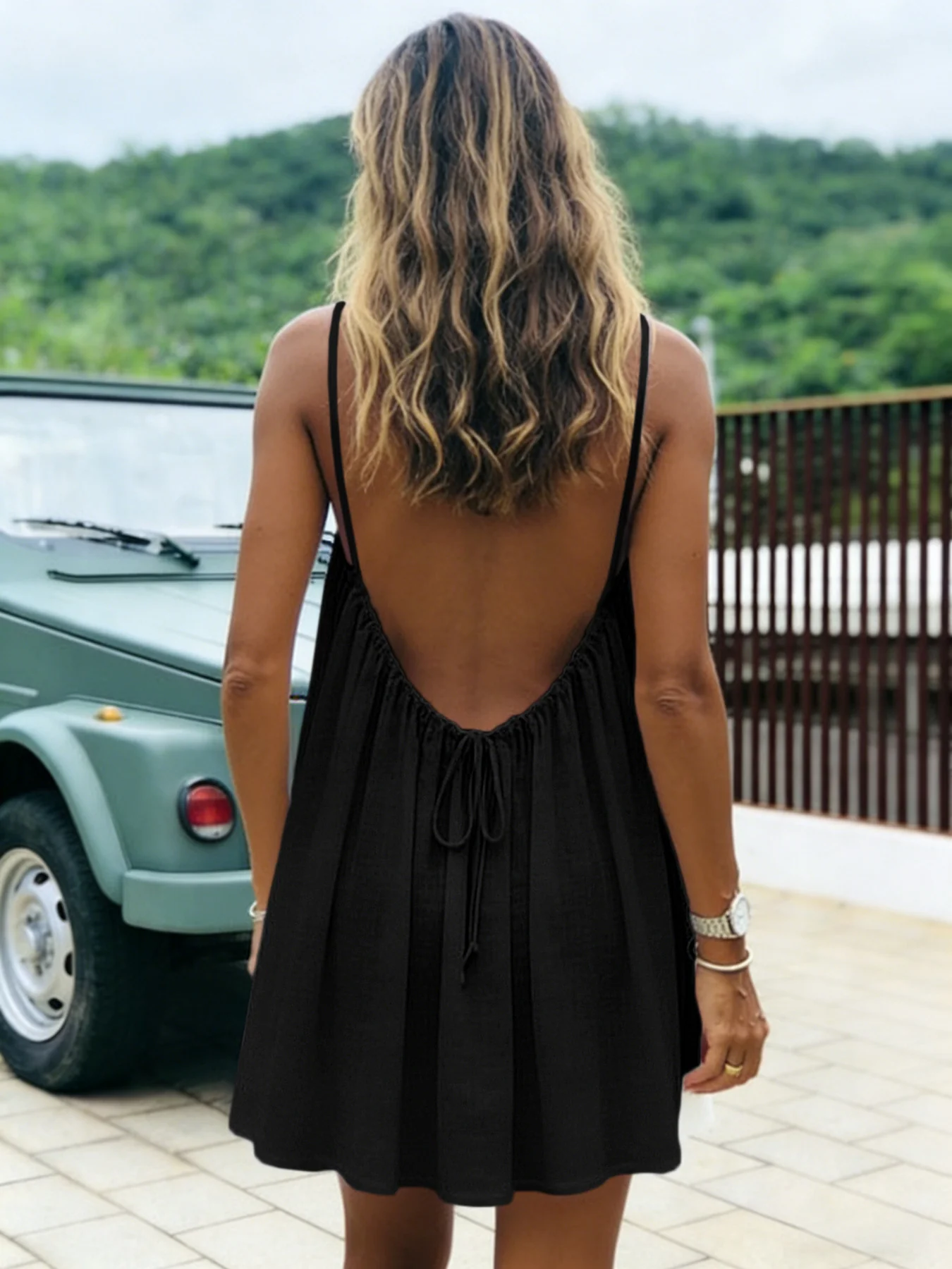 Ice Silk Pleated Solid Color Ruched Backless Short Dress - Image 3