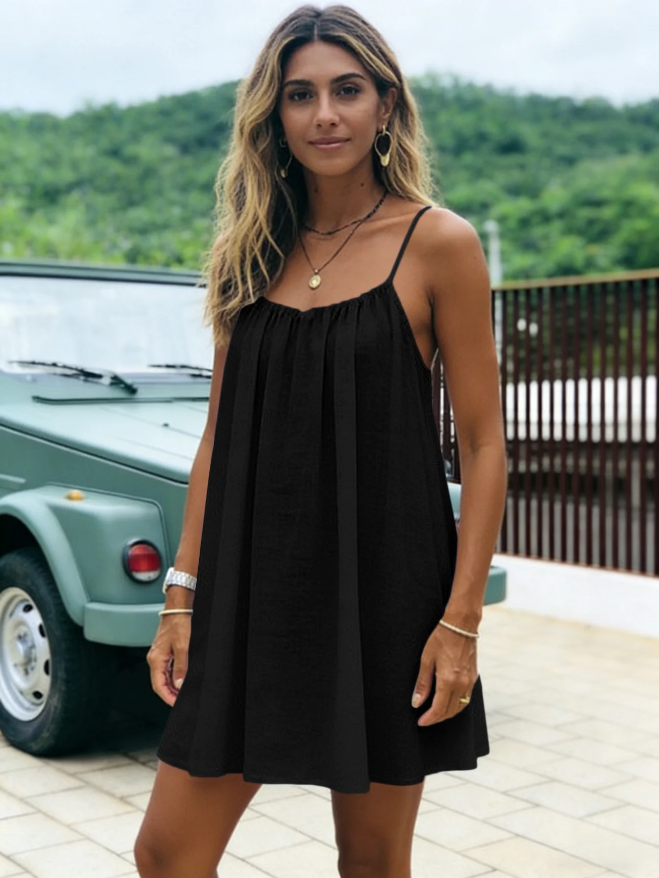 Ice Silk Pleated Solid Color Ruched Backless Short Dress - Image 4