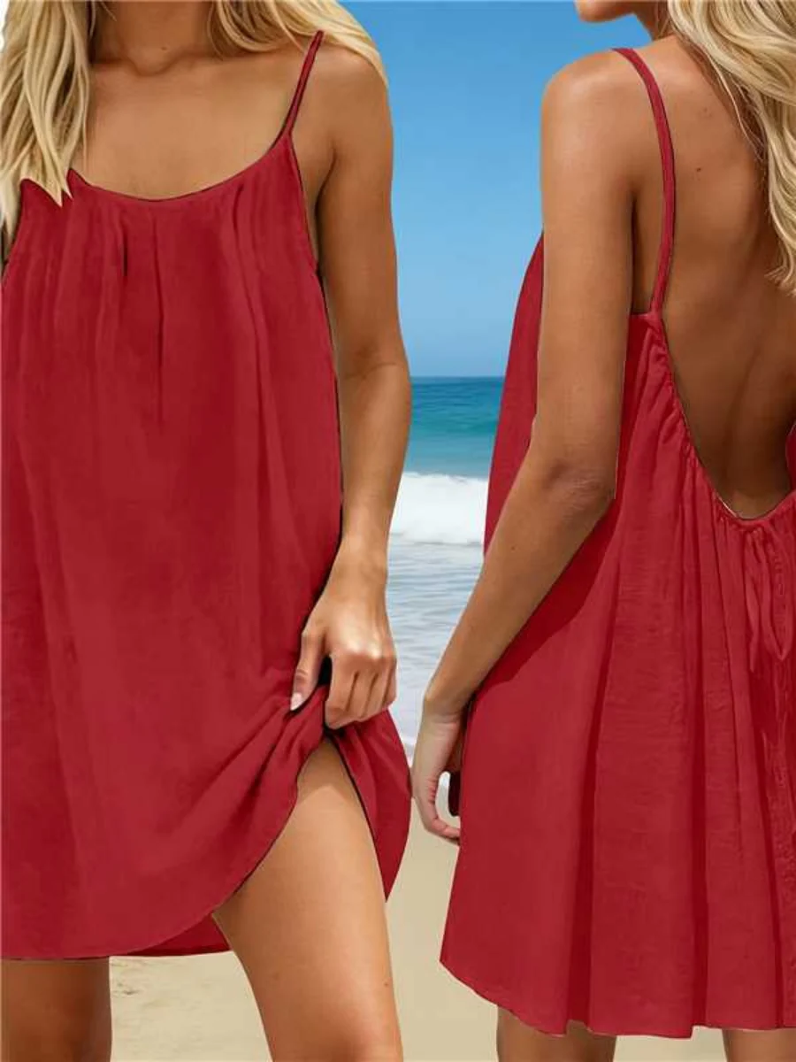 Ice Silk Pleated Solid Color Ruched Backless Short Dress - Image 5