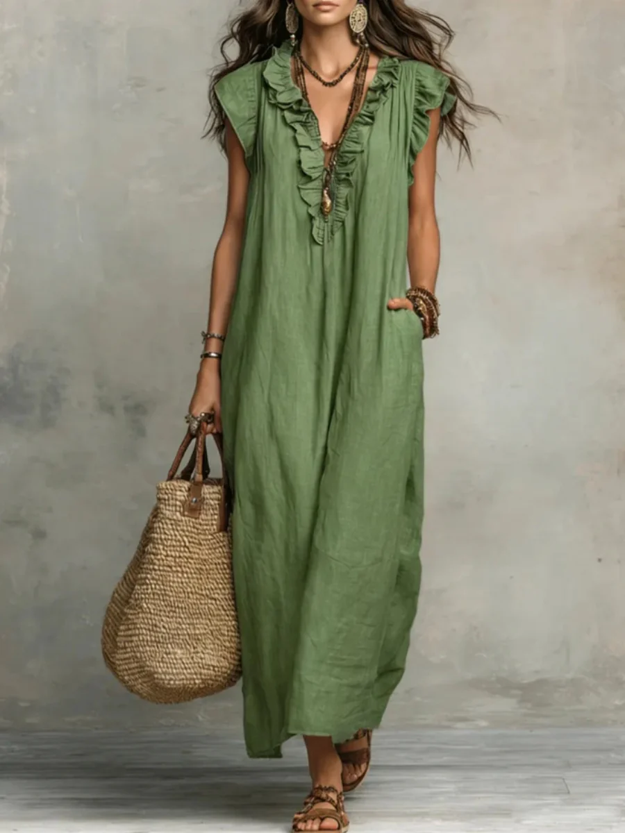 V-neck Pleats Solid Color Long Dress - Image 3