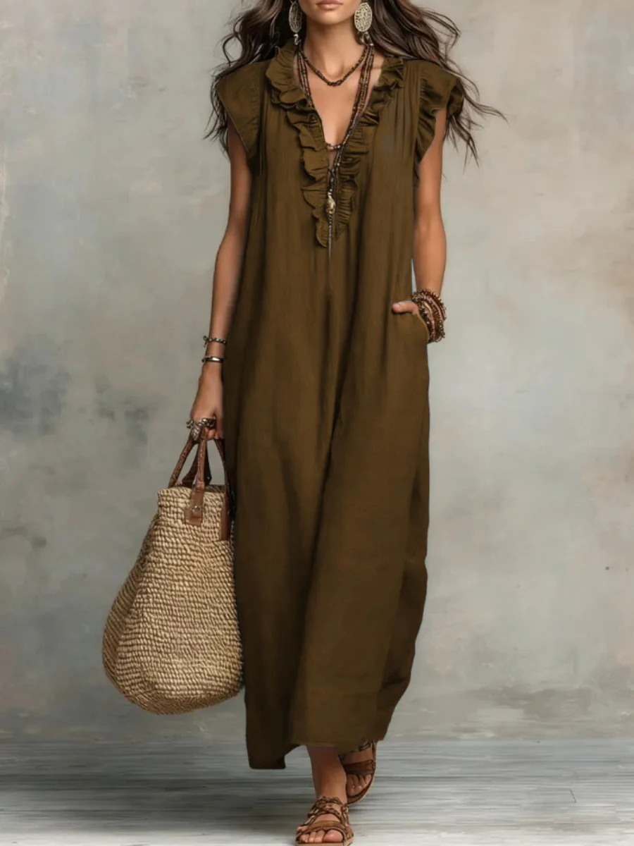 V-neck Pleats Solid Color Long Dress - Image 4