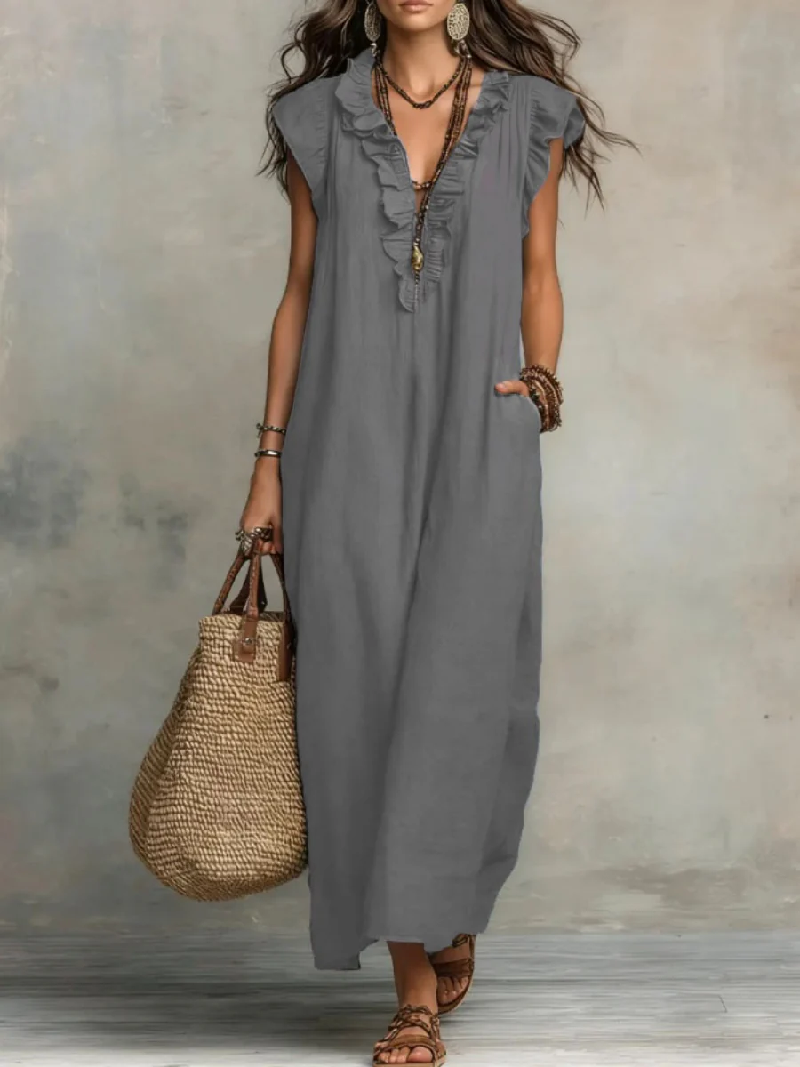 V-neck Pleats Solid Color Long Dress - Image 5