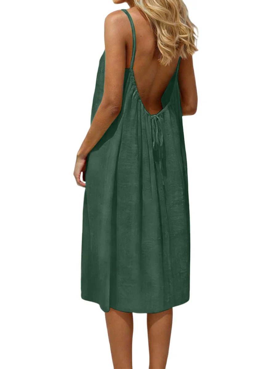 Ice Silk Linen Backless Halter Solid Color Midi Dress - Image 26