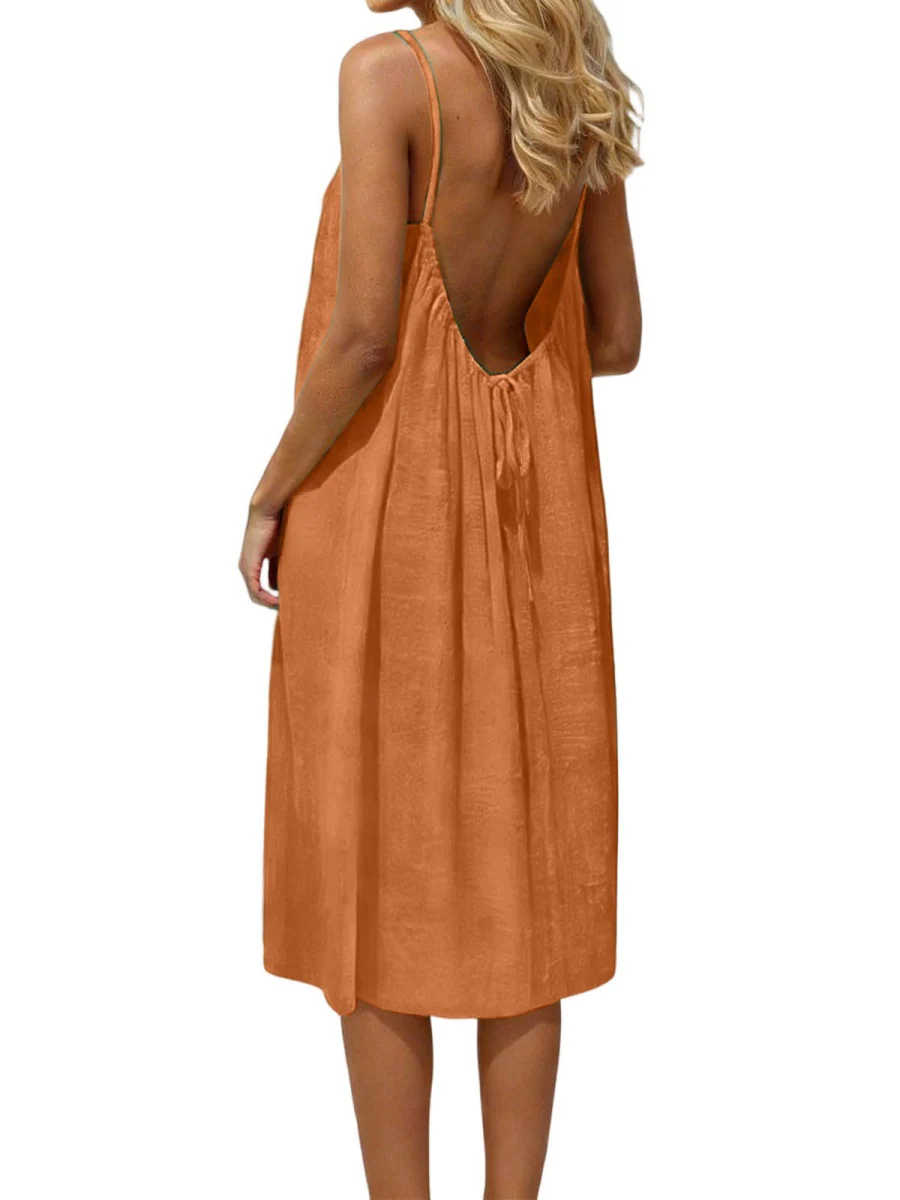Ice Silk Linen Backless Halter Solid Color Midi Dress - Image 28