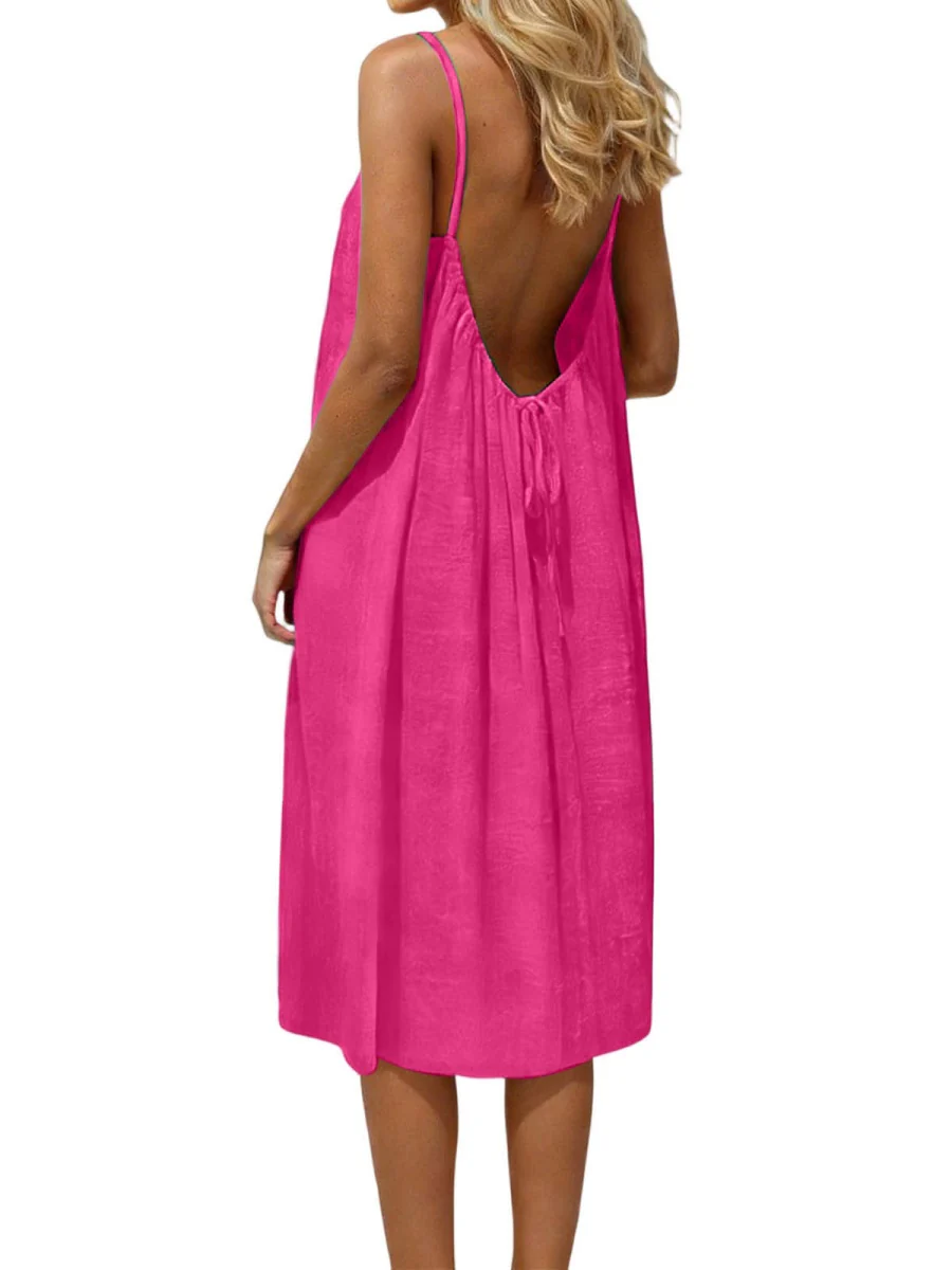Ice Silk Linen Backless Halter Solid Color Midi Dress - Image 5