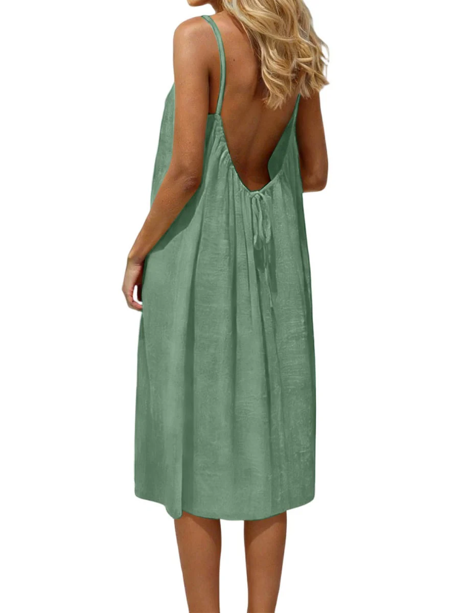 Ice Silk Linen Backless Halter Solid Color Midi Dress - Image 7