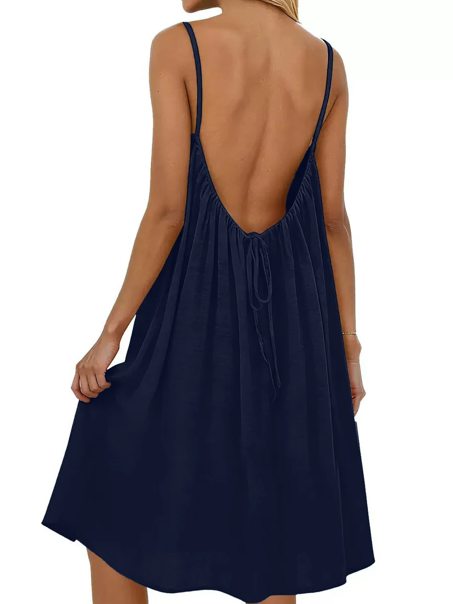 Ice Silk Linen Backless Halter Solid Color Midi Dress - Image 9