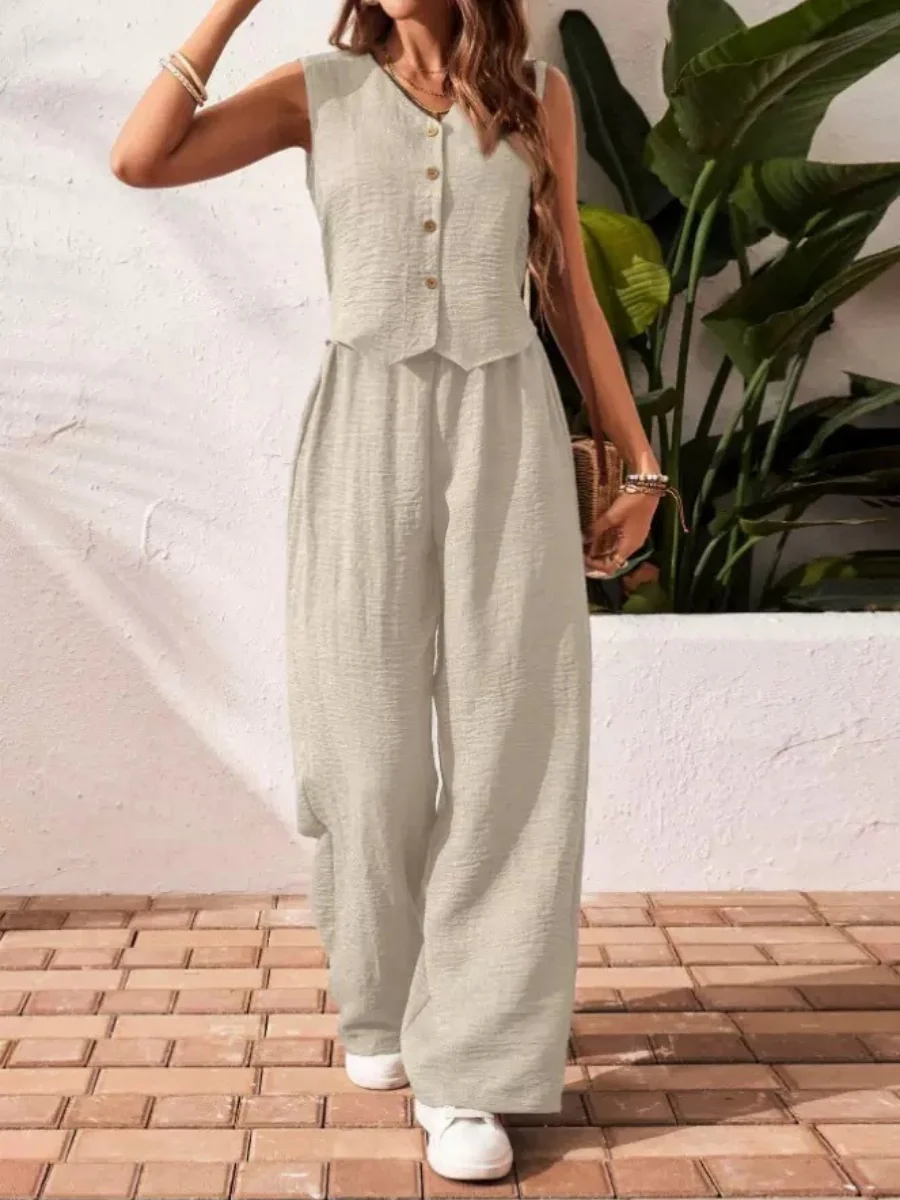 Pleated Solid Color Sleeveless Button Vest Wide-leg Pants 2-piece Sets - Image 4