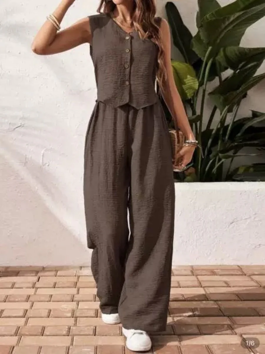 Pleated Solid Color Sleeveless Button Vest Wide-leg Pants 2-piece Sets - Image 5