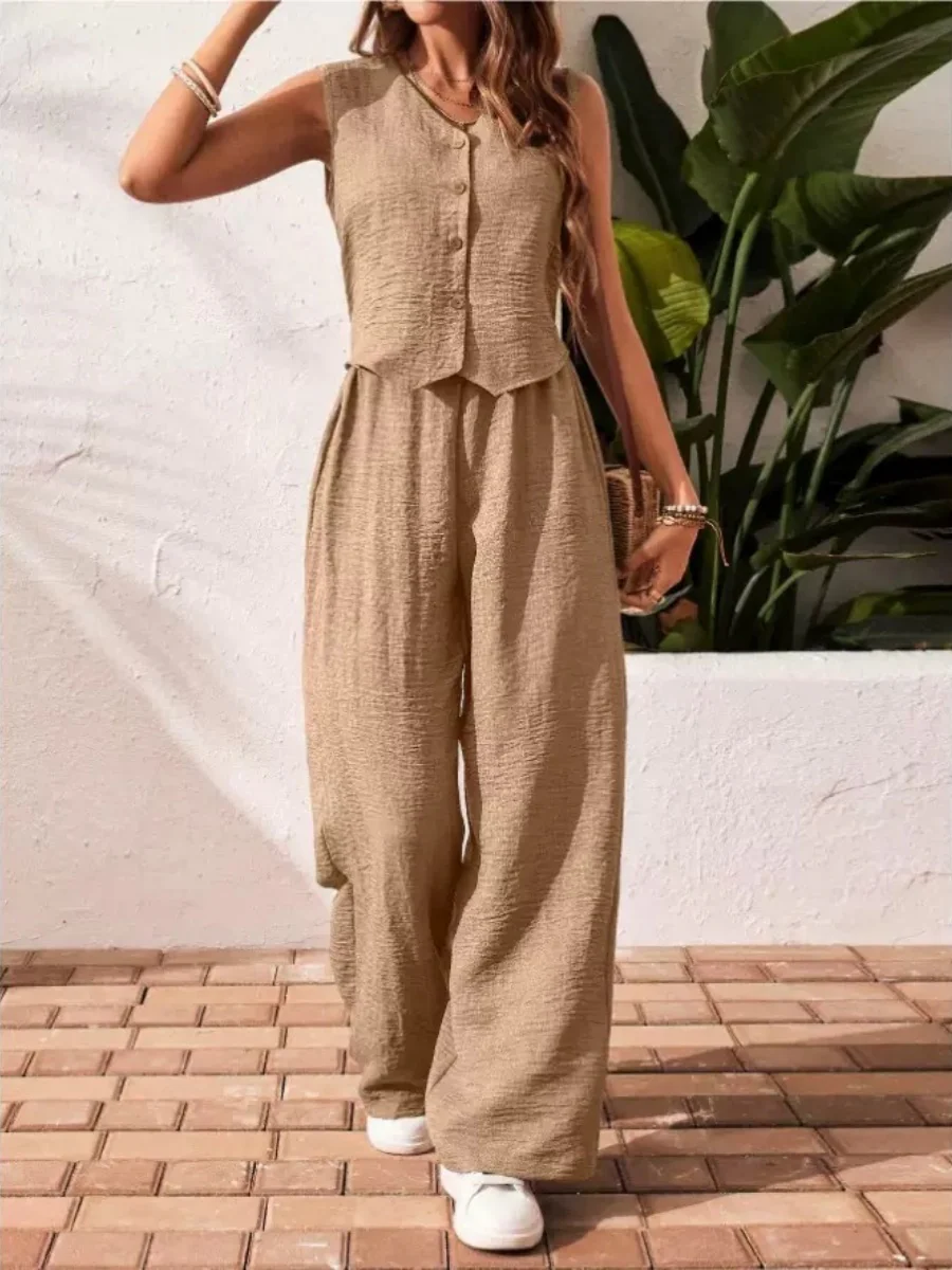 Pleated Solid Color Sleeveless Button Vest Wide-leg Pants 2-piece Sets - Image 6