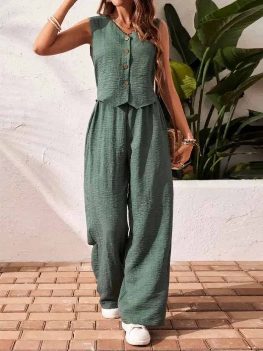 Pleated Solid Color Sleeveless Button Vest Wide-leg Pants 2-piece Sets - Image 7