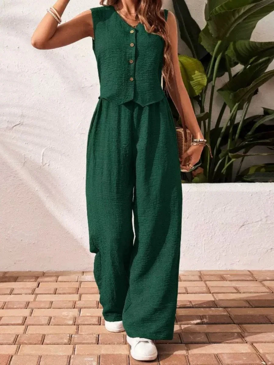 Pleated Solid Color Sleeveless Button Vest Wide-leg Pants 2-piece Sets - Image 8