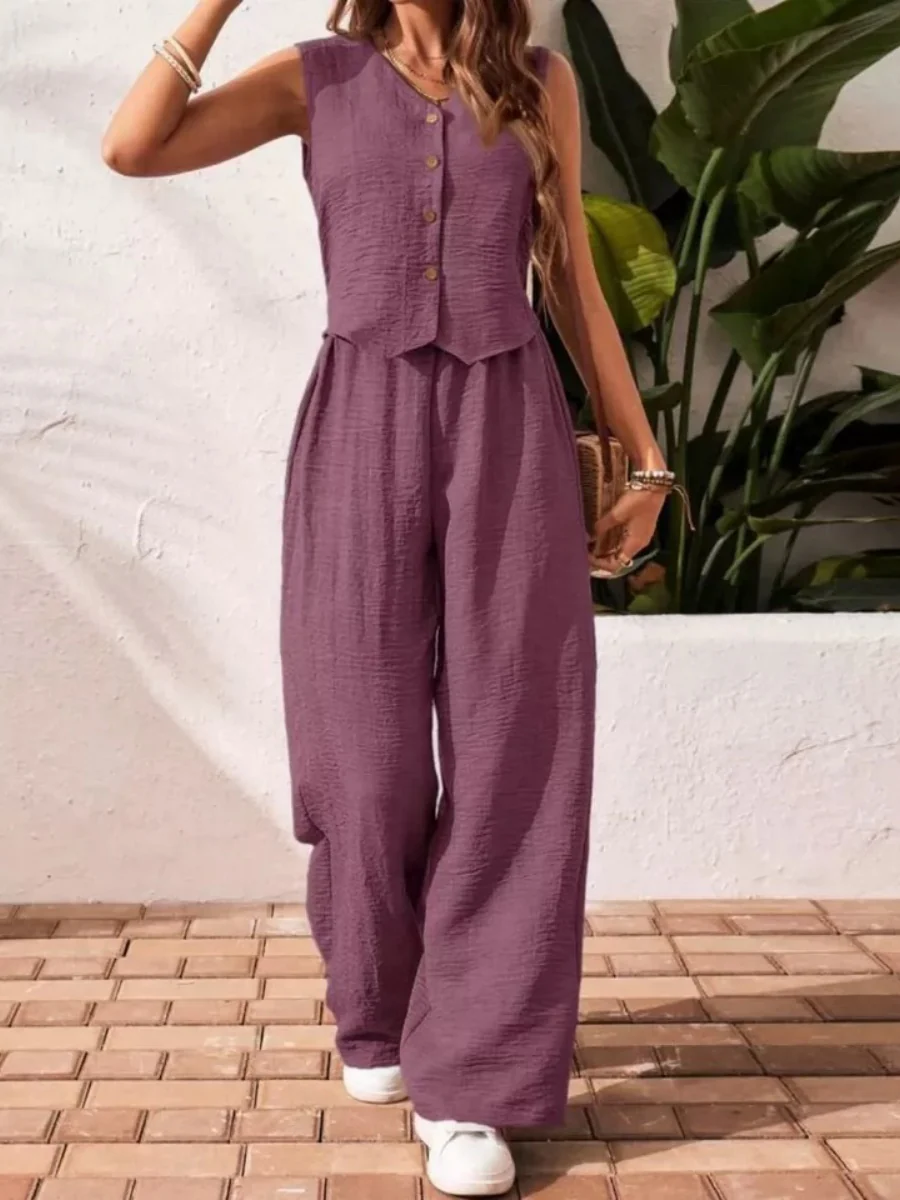 Pleated Solid Color Sleeveless Button Vest Wide-leg Pants 2-piece Sets - Image 9